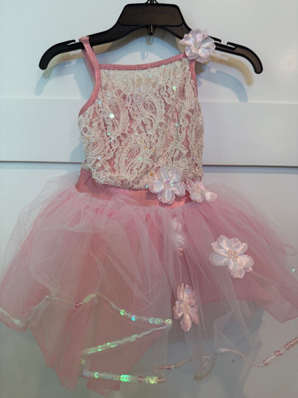 Girls Pink Lace & Tulle Ballet Costume with Flower Appliqués